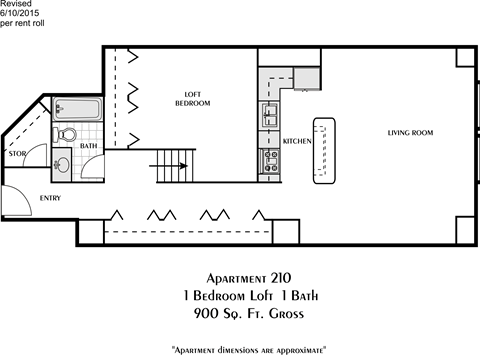 Floor plan for 1 bed, 1 bath, 900 sqft